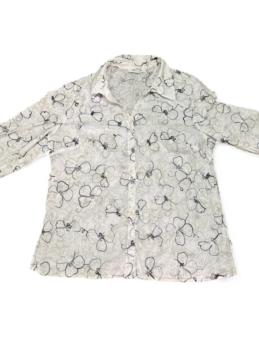 JM Collection White Button-Down Shirt with Black Floral Shiny Outline